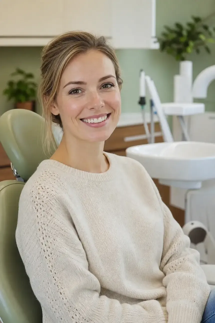 Patiënt met een ontspannen, gezonde lach in de behandelstoel bij Omnia Dental in Hoofddorp