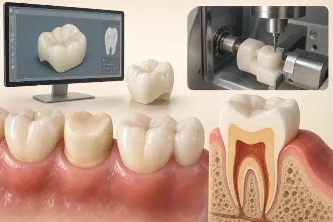 Illustratie van een digitaal ontworpen CEREC-kroon op een kies