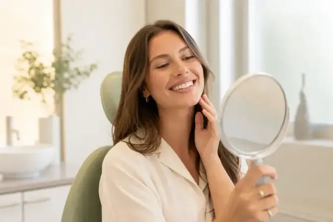 Vrouw met een natuurlijke, lichtere glimlach na het bleken van de tanden.